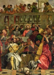 El banquete de bodas en Caná, detalle de Cristo y músicos, c.1562